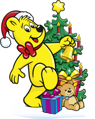 Zlatý medvídek HARIBO se zvonečkem u vánočního stromečku