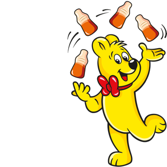 Illustrazione del sacchetto Happy-Cola: l’orsetto HARIBO fa il giocoliere con le bottiglie di cola