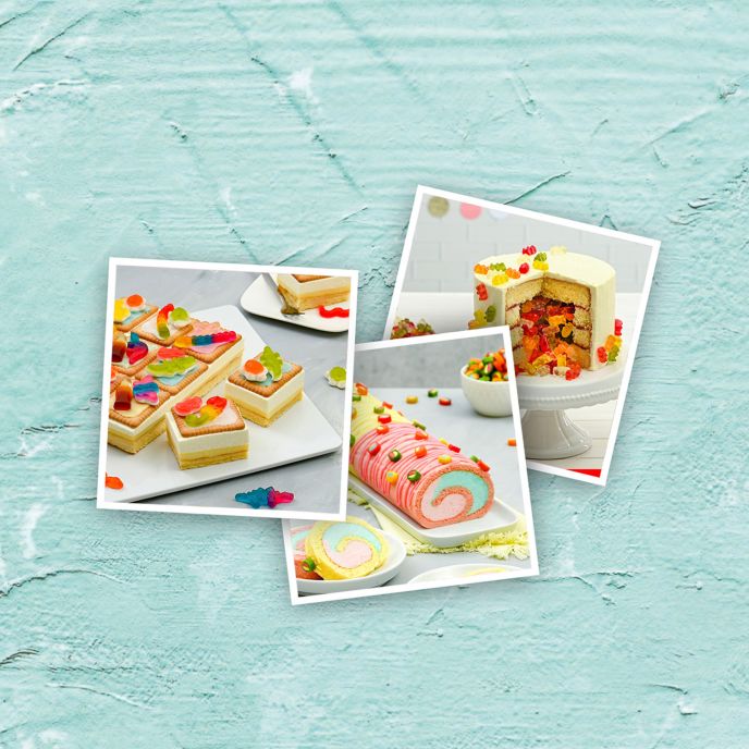 Verschiedene Kuchenrezepte mit HARIBO Produkten in Polaroid-Stil