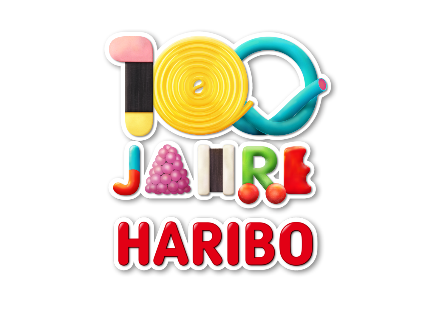 Logo 100 Jahre HARIBO aus bunten HARIBO Produktstücken.