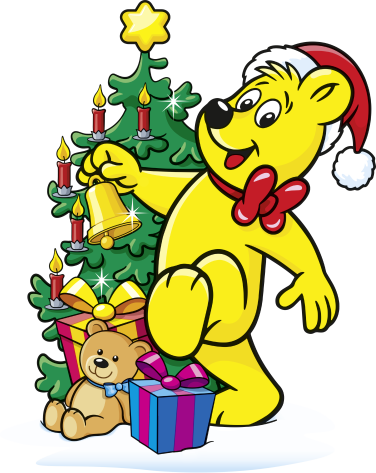 Zlatý medvídek HARIBO se zvonečkem u vánočního stromečku