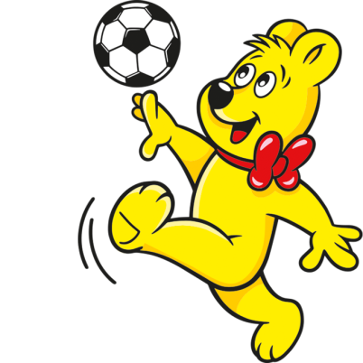 Ilustracja na paczce Pico-Balla: miś HARIBO gra w piłkę nożną