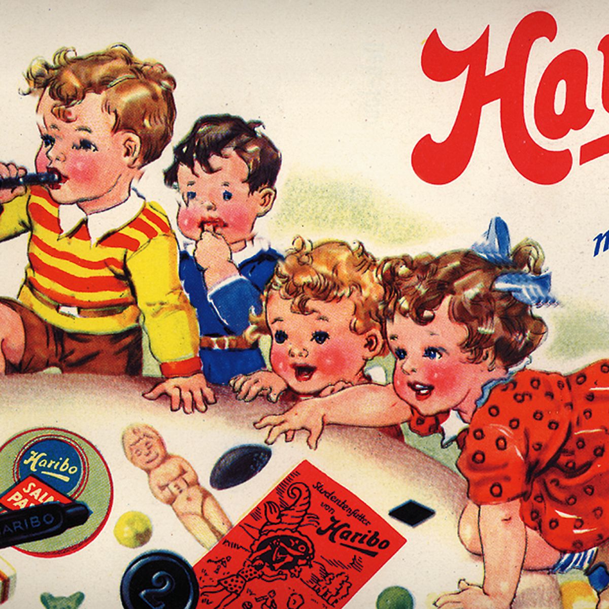 子供が遊んでいる様子を描いたHARIBOの歴史的な広告