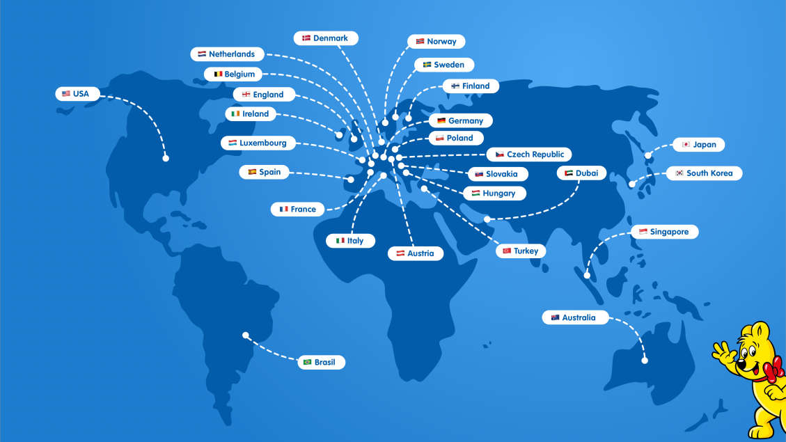 Hartă ilustrată cu toate filialele HARIBO din întreaga lume