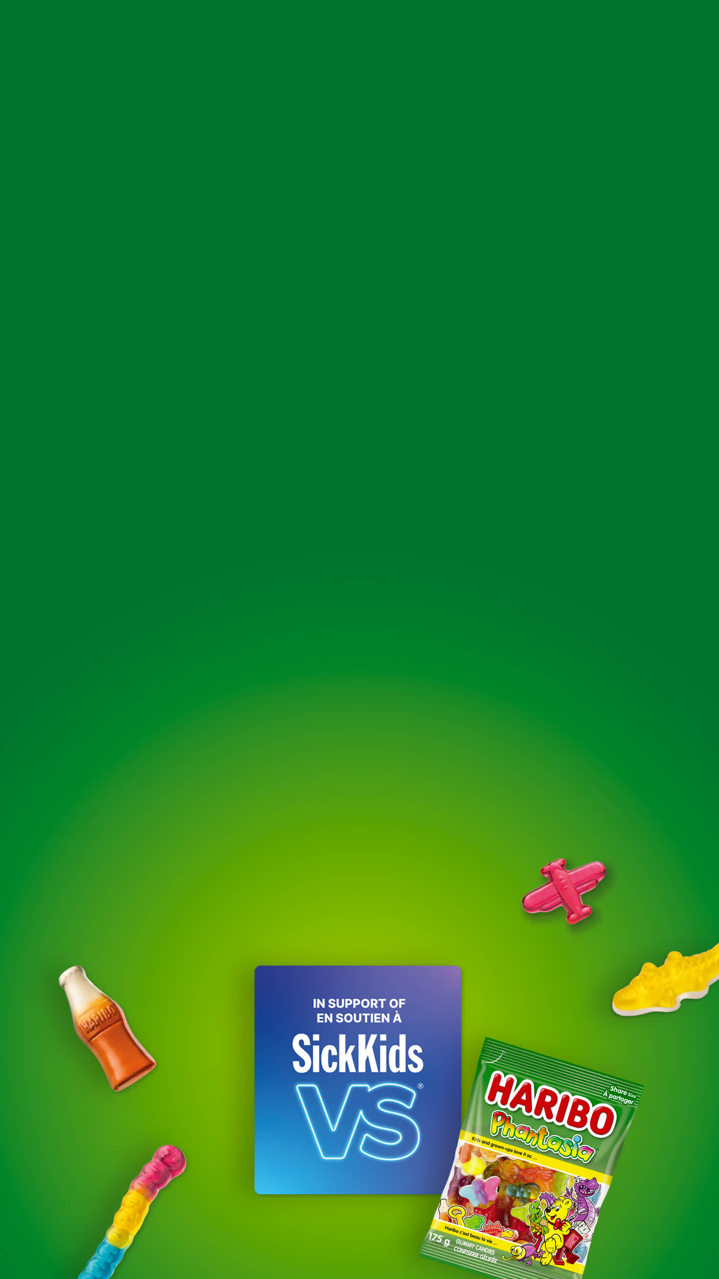 Green background with Phantasia packaging and SickKids logo and product pieces