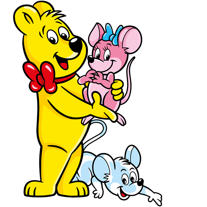 Illustration der Süße Mäuse Beutel: HARIBO Bär mit weißer und rosaner Maus