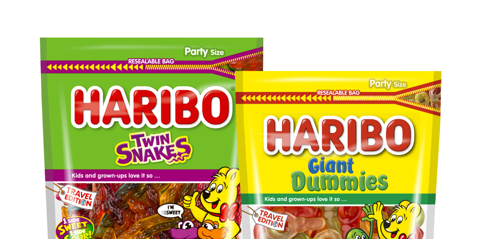 Bags of HARIBO Twin Snakes and Giant Dummies in travel retail size