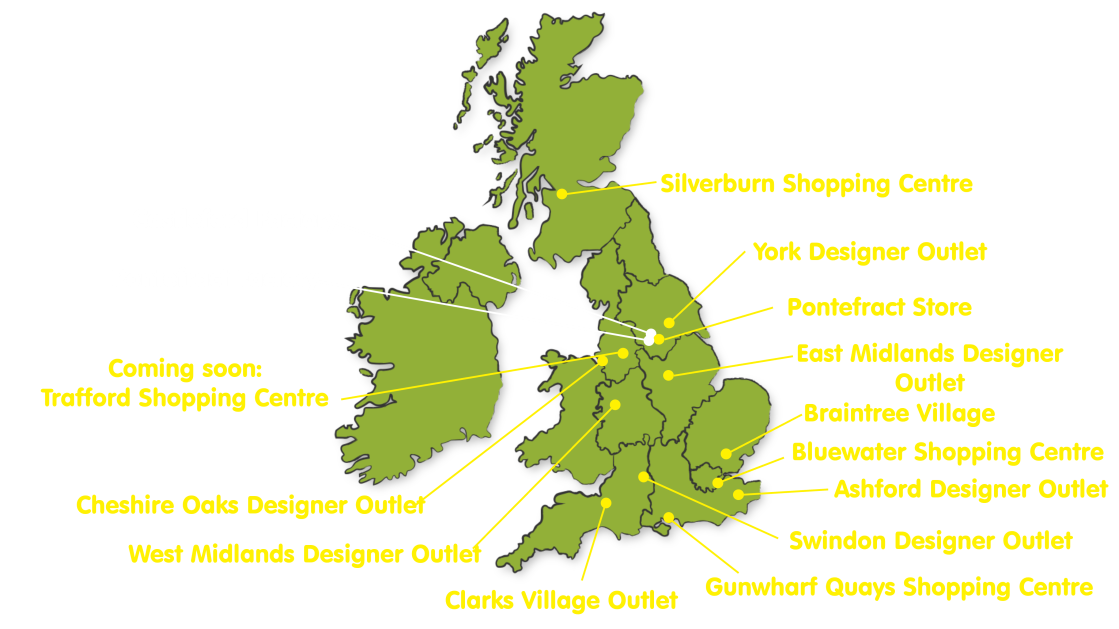 Map of the UK showing the different HARIBO store locations.