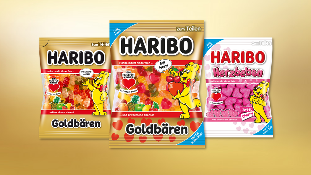 Die "Ein Herz für Kinder"-Aktionsprodukte HARIBO Goldbären, HARIBO Goldbären mit Herz und HARIBO Herzbeben