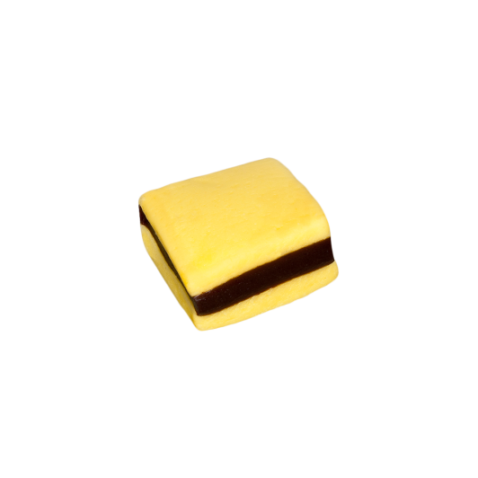 quadratisches 3-lagiges Stück aus gelber Konfektmasse mit Lakritz-Kern