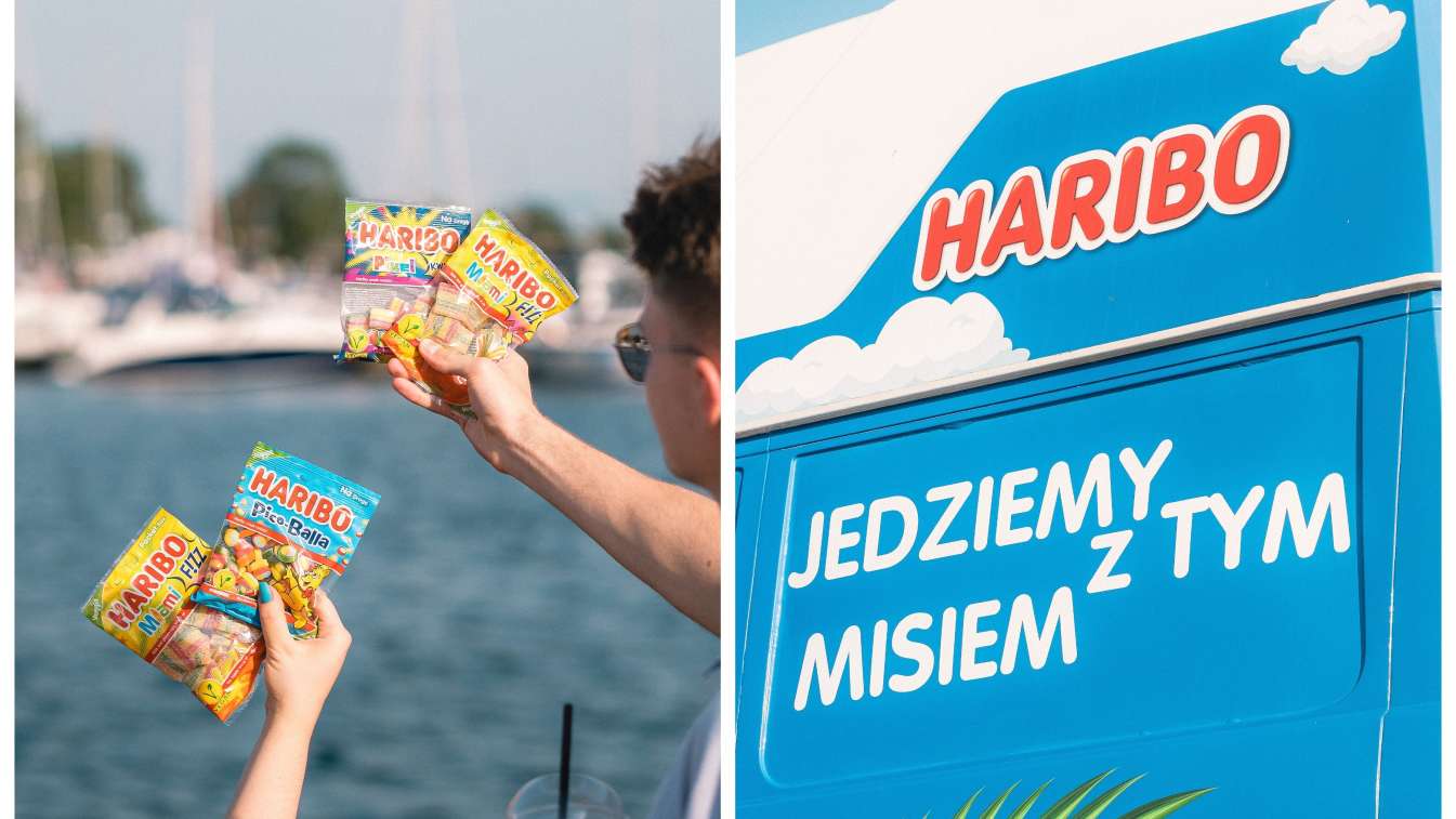 Zdjęcie paczek HARIBO z widokiem na port i zdjęcie logo akcji Roadshow.