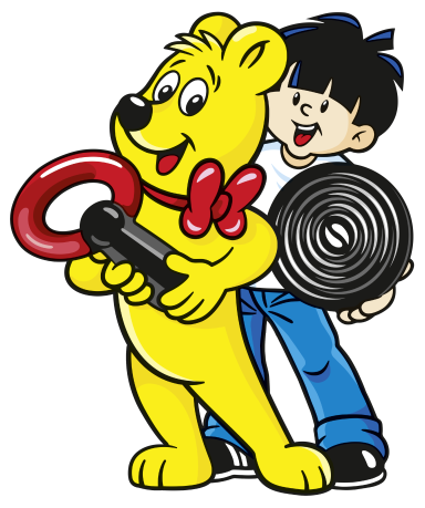 HARIBO Goldbär und Junge mit Schnuller- und Schnecken-Lakritz Produktstücken