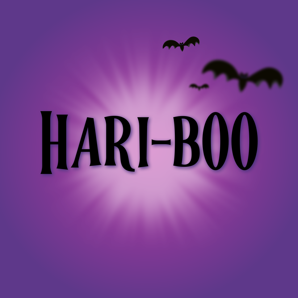 The word "Hari-boo" on a purple background with black bats flying on one corner