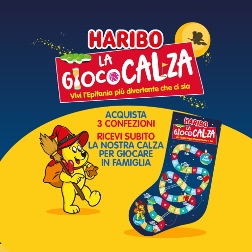 Haribo la giococalza. Acquista 3 confezioni ricevi subito la nostra calza per giocare in famiglia. Orsetto, giococalza, luna, befana.