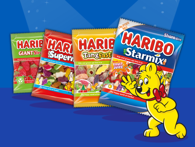 Haribo products on blue background