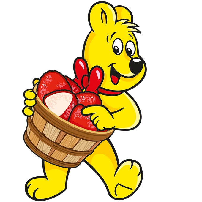 Illustration sachet Primavera Erdbeeren : ours HARIBO avec panier de fraises