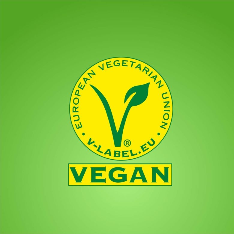 Vegan Label in gelb auf grünem Hintergrund