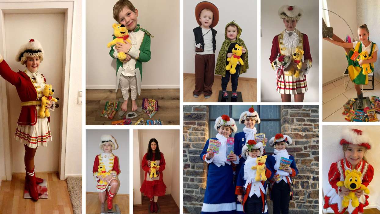 Foto-Collage mit kostümierten Kindern und Plüsch-Goldbären auf Körperwaagen.
