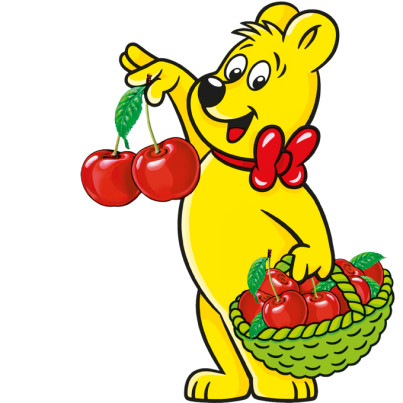 A Happy Cherries-tasak illusztrációja: a HARIBO-medve egy kosár cseresznyét fog