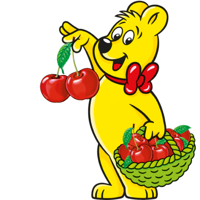 Illustration der Happy Cherries Beutel: HARIBO Bär hält einen Korb voll Kischen