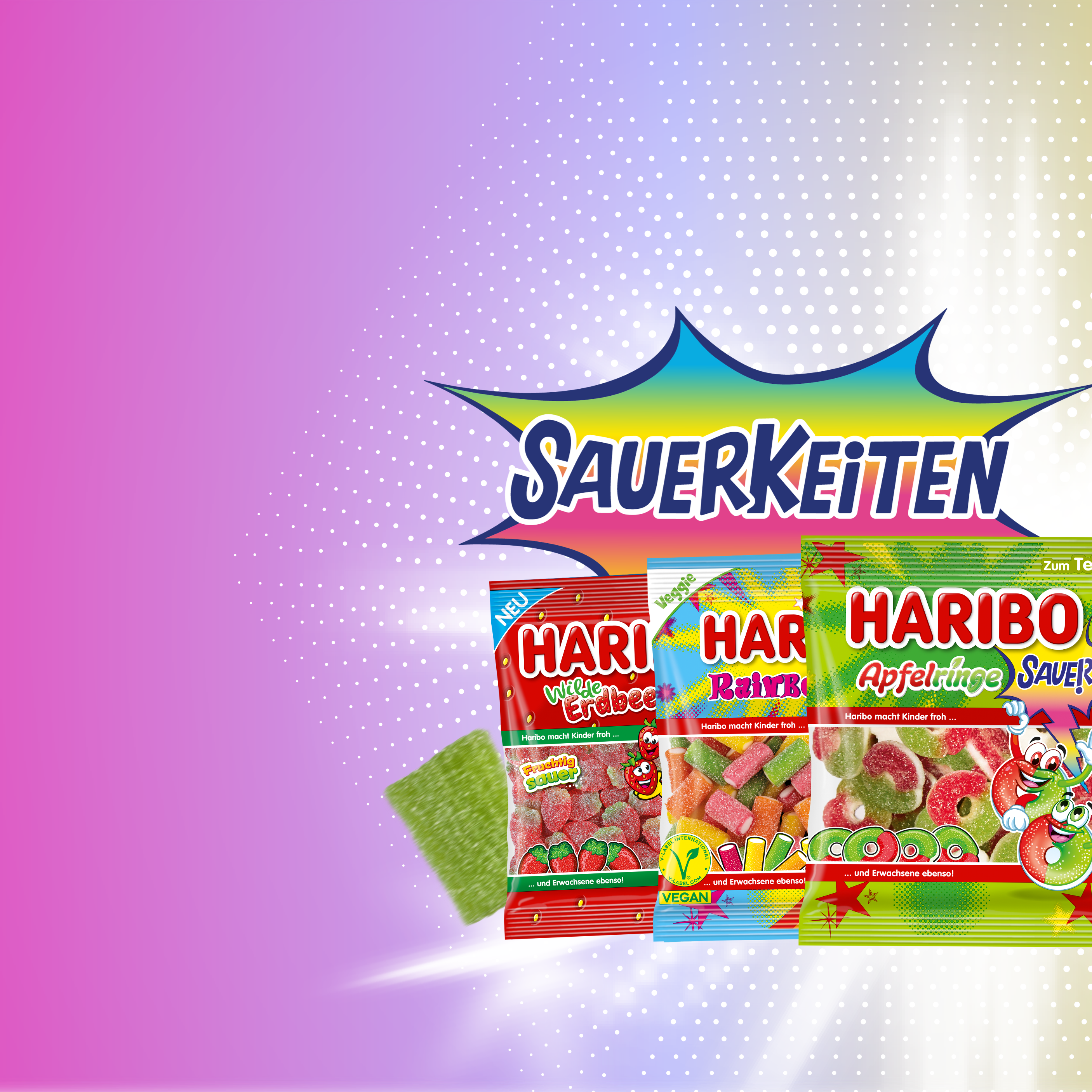 Produktbilder der Sauerkeiten: Wilde Erdbeeren, Rainbow Sauer, Apfelringe, Goldbären Die Sauren, Pasta Frutta