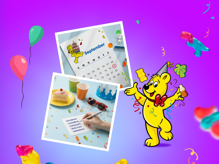 Ein farbenfroher Webseite-Einstieg mit dem Titel "Geburtstagsparty planen: Ideen & Checkliste für einen unvergesslichen Tag". Im Vordergrund ist der ikonische Goldbär von HARIBO zu sehen, umgeben von bunten Luftballons. In der oberen rechten Ecke sind zwei Polaroid-Fotos abgebildet, die bunte Naschereien in Gläsern und Dekoration zeigen.