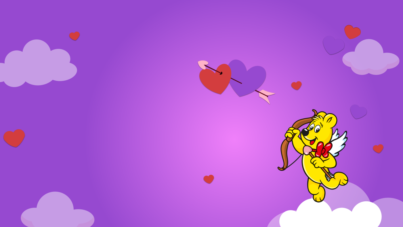 Illustration of the HARIBO goldbear as cupid with bow and arrow in front of pink background with hearts and clouds