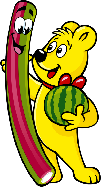 HARIBO Goldbär mit Balla Stick und Melone in der Hand