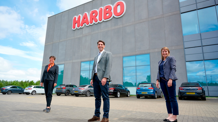 Representatives of Leeds Community Foundation and HARIBO in front of HARIBO building