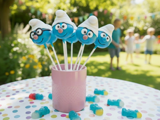 Geburtstag Schlümpfe Cakepops in einer Tasse auf einem Gartentisch. Neben der Tasse liegen HARIBO Schlümpfe Gummibärchen. Im Hintergrund spielen Kinder auf einer Wiese.