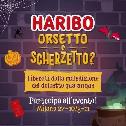 Haribo orsetto o scherzetto? Liberati della maledizione del dolcetto qualunque. Partecipa all'evento! Milano 27-10/3-11. Muro, ragnatele, pentolone, caramelle