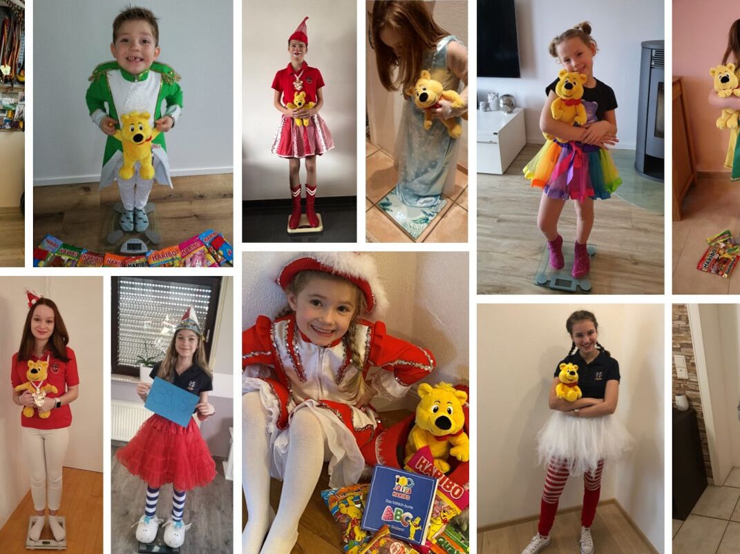 Collage aus Fotos von kostümierten Kindern mit Plüsch-Goldbär.