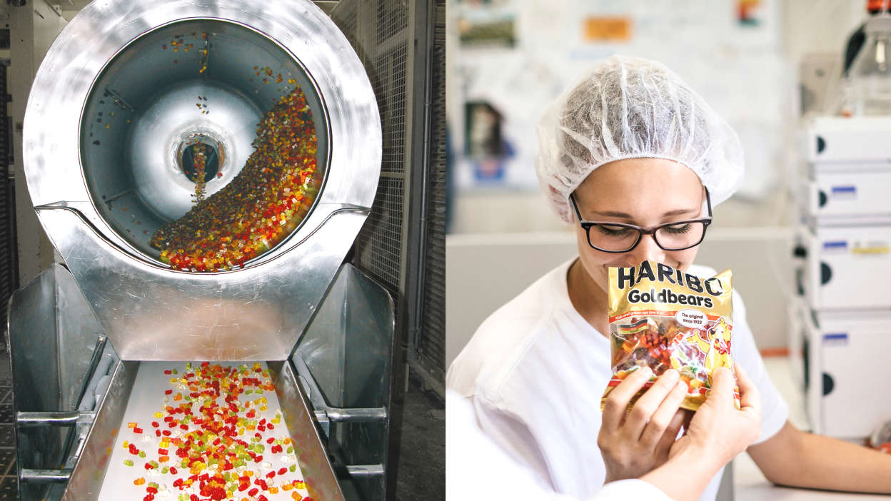 Polishing drum with gummies; employee checking the quality of the gummies bags