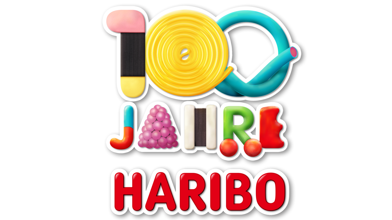 Logo zu 100 Jahre HARIBO bestehend aus bunten Produktstücken von HARIBO.