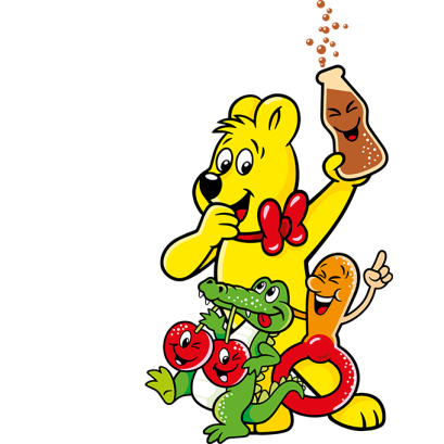 Illustration of Tangfastics bag: HARIBO bear with cola bottle, dummy, crocodile and cherries