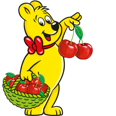 Εικονογράφηση με ένα σακουλάκι Happy Cherries: Το αρκουδάκι HARIBO κρατάει ένα καλάθι γεμάτο κεράσια