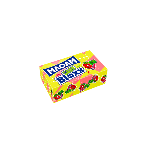 gelbe MAOAM Bloxx sour Packung mit illustrierten Erdbeeren und Rhababer