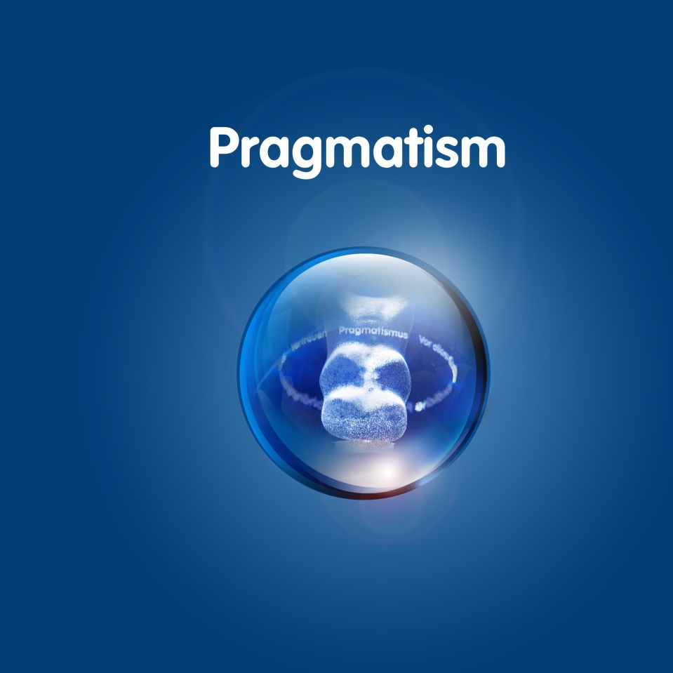 Graphic with golden bear in transparent ball in front of a dark-blue background with text: ‘Pragmatism’