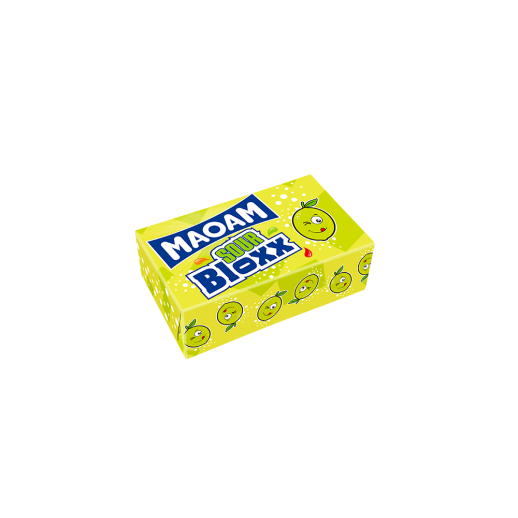 gelbe MAOAM Bloxx sour Packung mit illustrierten Limetten