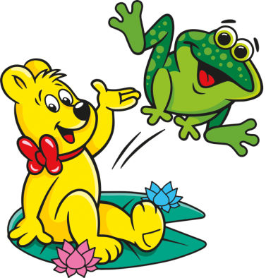 Illustration der Quaxi Beutel: HARIBO Bär sitzt auf Seerosenblatt und springender Frosch