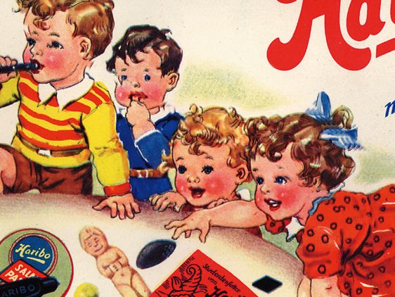 Historic HARIBO advert, a drawing of kids enjoying fruit gums and liquorice specialities