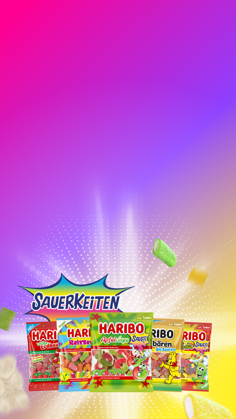 Produktbilder der Sauerkeiten: Wilde Erdbeeren, Rainbow Sauer, Apfelringe, Goldbären Die Sauren, Pasta Frutta