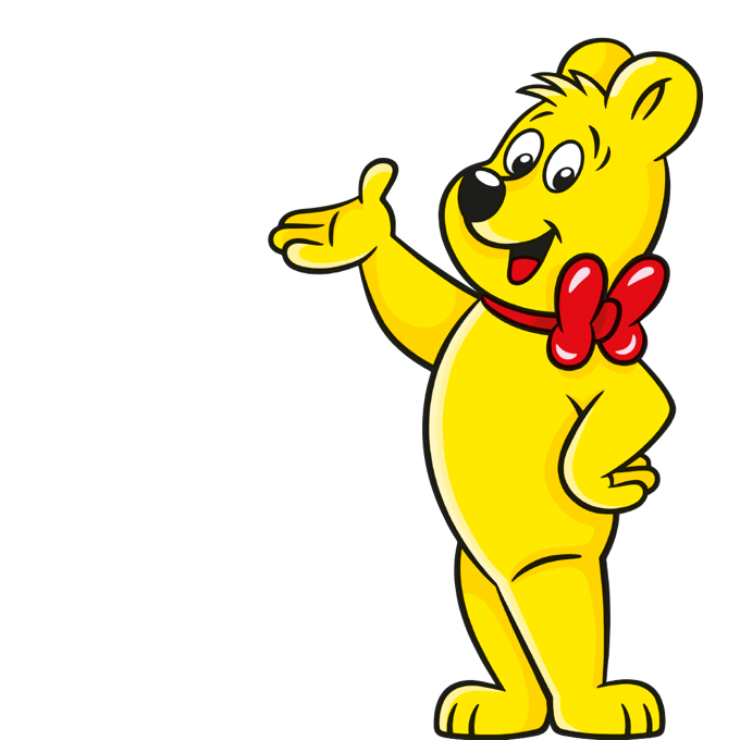 Ilustração dos sacos de ursinhos de ouro: Urso HARIBO fazendo pose