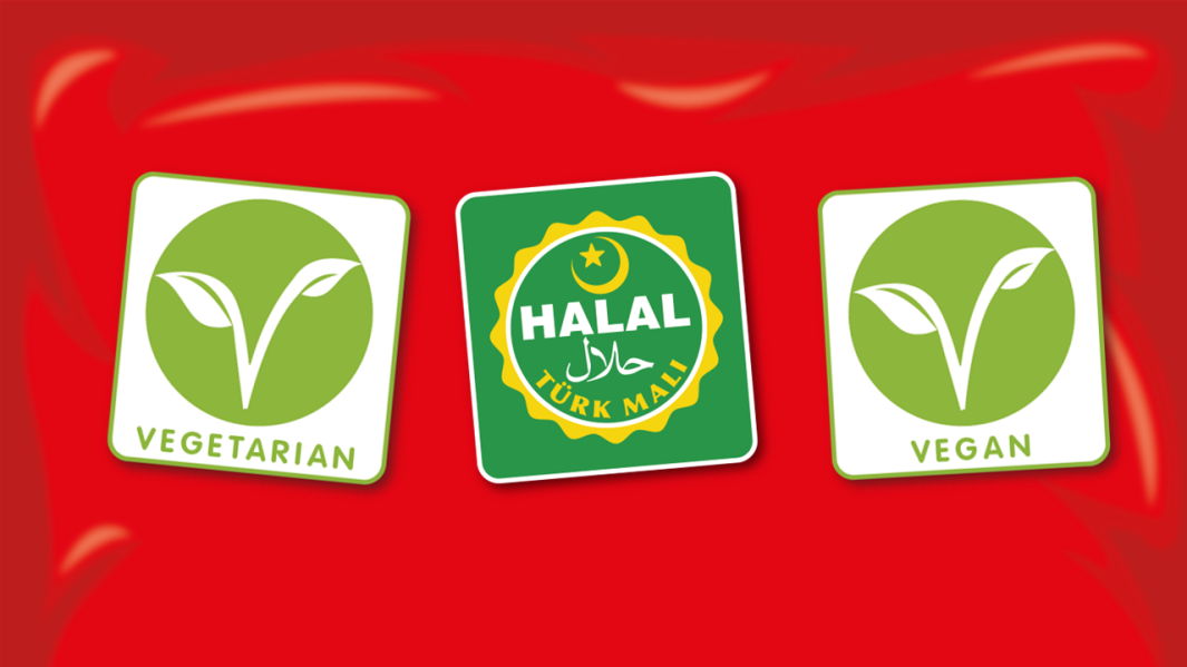 Vegitarian, Vegan, and HALAL on pack logos, displayed on a red background
