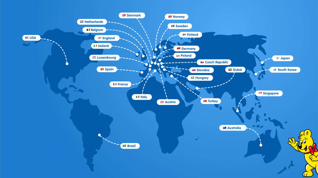 Illustreret kort med alle HARIBO-filialer verden over