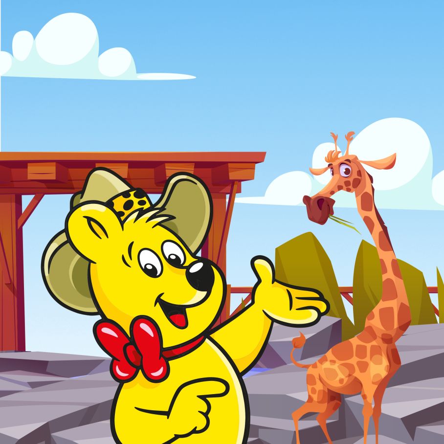 HARIBO Beer met een giraffe in de dierentuin