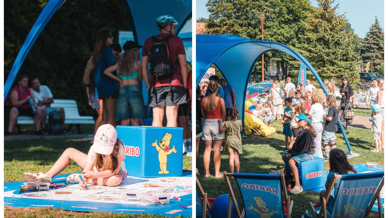 Dwa zdjęcia z atrakcji z poprzedniego Roadshow. Ludzie bawiący się na strefie HARIBO.