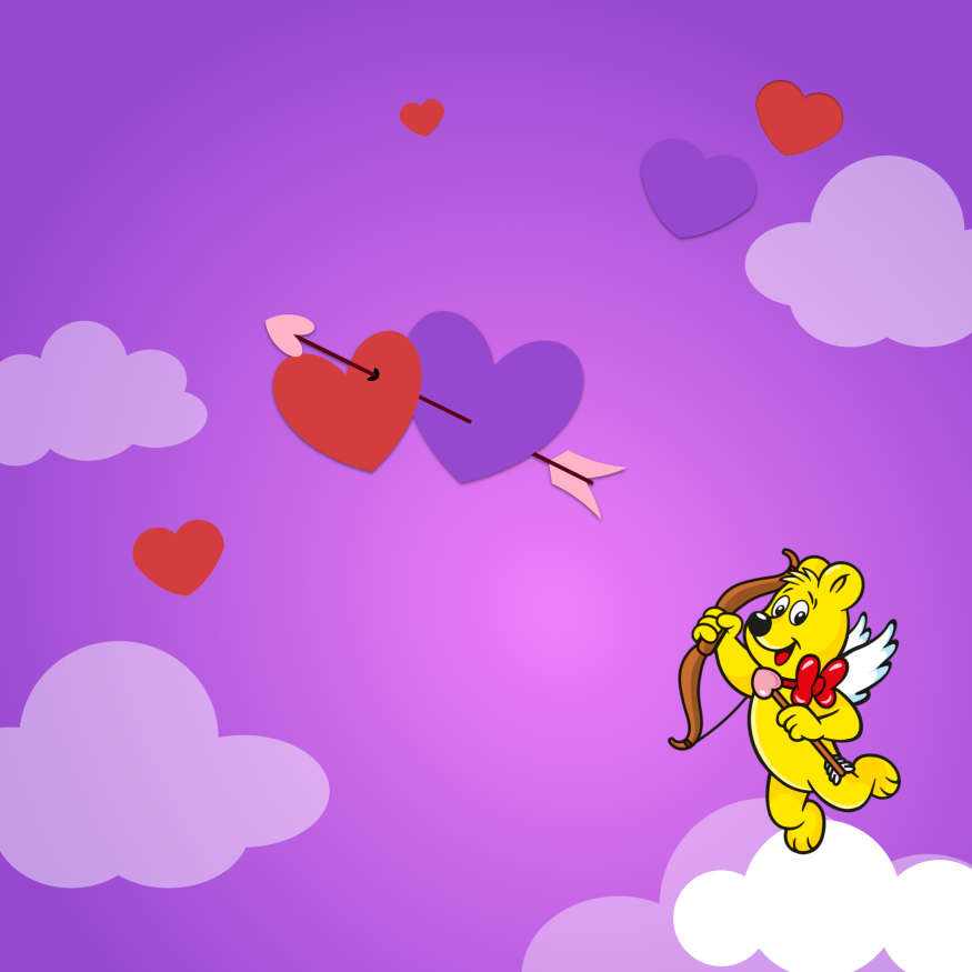 Illustration of the HARIBO goldbear as cupid with bow and arrow in front of pink background with hearts and clouds