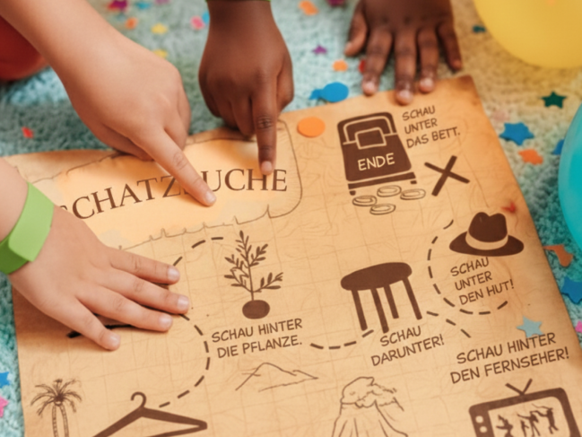 Hände von Kindern zeigen auf eine Schatzsuche-Karte, die auf dem bunt dekorierten Boden liegt. Der Text "8 bis 10 Jahre" steht in großen, gelben Buchstaben daneben und deutet auf Kindergeburtstag Spiele für diese Altersgruppe hin. Diese Kinderspiel Geburtstag Idee ist ideal für eine Kinderparty, die drinnen veranstaltet wird, und fördert das Teamwork und die Zusammenarbeit. Perfekt für kreative Spielideen beim Kindergeburtstag.