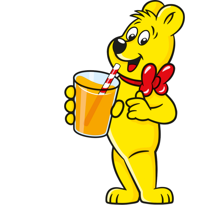 Illustration du sachet Saftbären HARIBO : un ours tient un verre de jus de fruits avec une paille